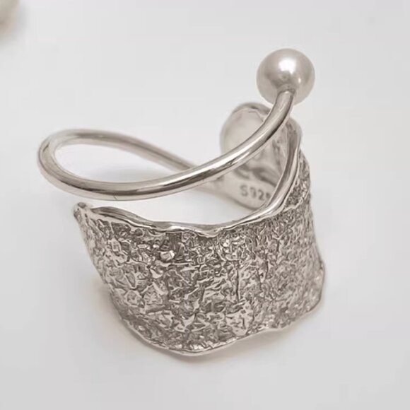 S925 Sterling Silver Textured Pearl Open Ring - Picture 1 of 4
